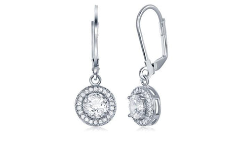 Pave Halo Disc Drop Earring Embellished with  Crystals in 18K White Gold Plated