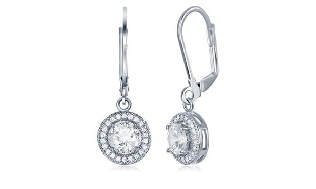 Pave Halo Disc Drop Earring Embellished with  Crystals in 18K White Gold Plated