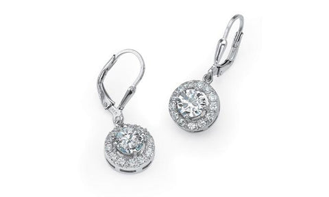 Pave Halo Disc Drop Earring Embellished with  Crystals in 18K White Gold Plated
