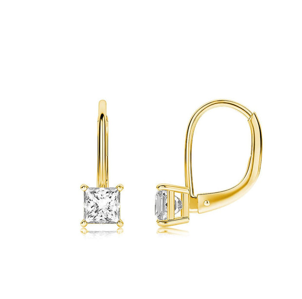 Princess Cut  Elements Simple Leverback Earrings in 14K Gold