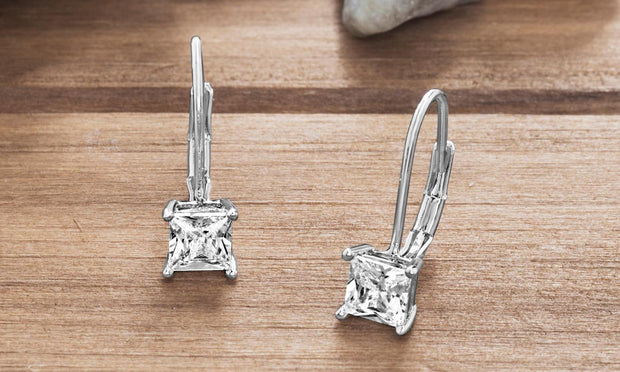 Princess Cut  Elements Simple Leverback Earrings in 14K White Gold