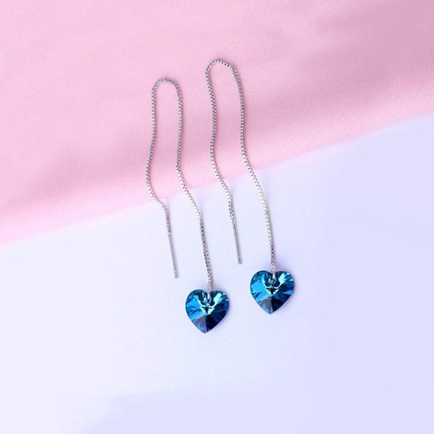 Blue  Elements Dangling Heart Shaped Threader Earrings in 14K White Gold