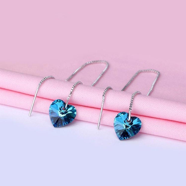 Blue  Elements Dangling Heart Shaped Threader Earrings in 14K White Gold