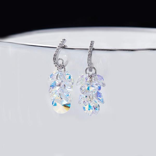 Aurora Borealis  Dangling Cluster Grapevine Earrings in 14K White Gold