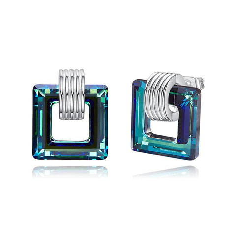 Aruba Blue Cubic Zirconia Square Shaped Studs in Rhodium Plating
