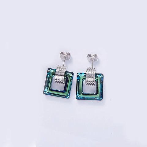 Aruba Blue Cubic Zirconia Square Shaped Studs in Rhodium Plating