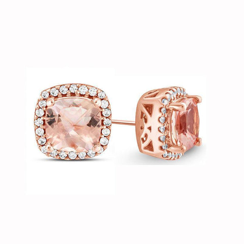 1.00 CT Morganite Halo Princess Cut Stud Earring in 18K Rose Gold Plated ITALY Design  - ALILY