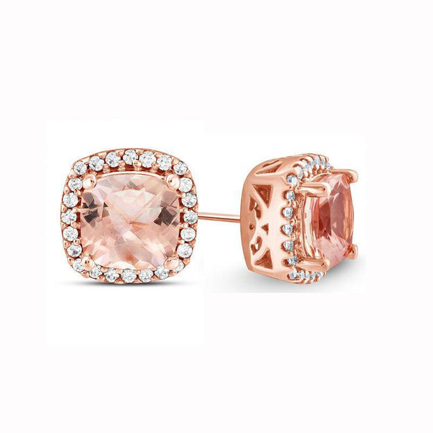 1.00 CT Morganite Halo Princess Cut Stud Earring in 18K Rose Gold Plated ITALY Design  - ALILY