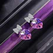 Purple  Elements Heart Shaped Bow-Tie Earrings in 14K White Gold Plating