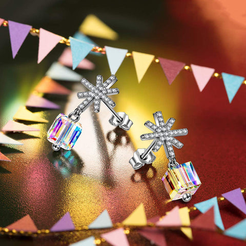 Elements Aurora Borealis Snowflake Flaming Phoenix Cubed Drop Earring in 14K White Gold Plating