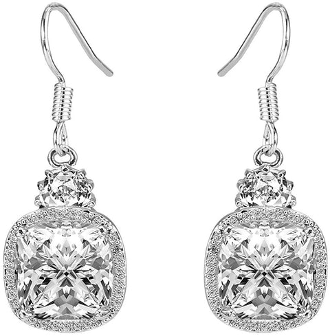 White  Classic Cushion Cut Drop Earring in 14K White Gold Plating