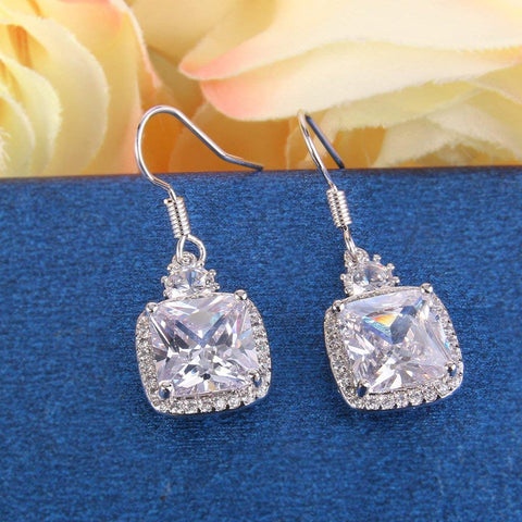 White  Classic Cushion Cut Drop Earring in 14K White Gold Plating