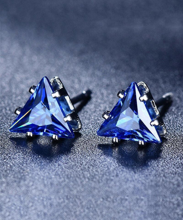 6mm Triangle Stud Earring With Austrian Crystals - Sapphire in 18K White Gold Plated ITALY Design