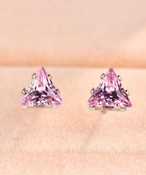 6mm Triangle Stud Earring With Austrian Crystals - Pink Topaz in 18K White Gold Plated ITALY Design