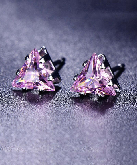 6mm Triangle Stud Earring With Austrian Crystals - Pink Topaz in 18K White Gold Plated ITALY Design
