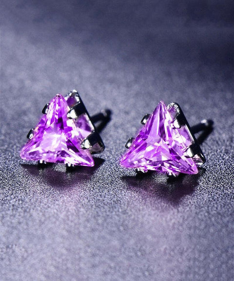 6mm Triangle Stud Earring With Austrian Crystals - Amethyst in 18K White Gold Plated