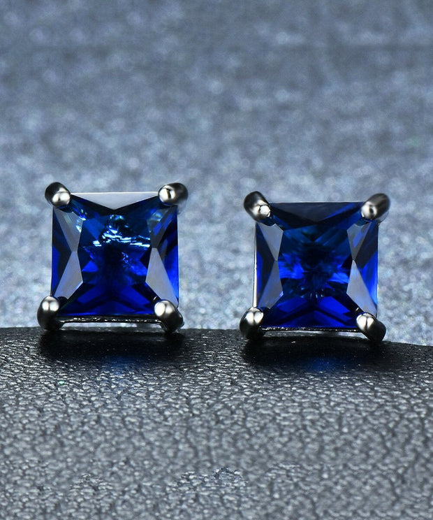 6mm Princess Stud Earring With Austrian Crystals -Blue in 18K White Gold Plated ITALY Design
