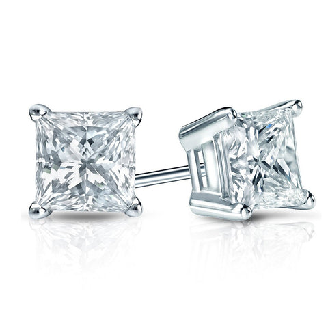 6mm Princess Stud Earring With Austrian Crystals -Clear in 18K White Gold Plated ITALY Design
