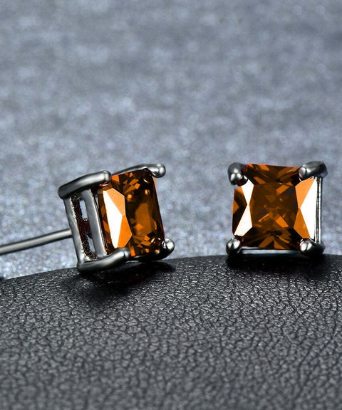6mm Princess Stud Earring With Austrian Crystals -Orange in 18K White Gold Plated ITALY Design