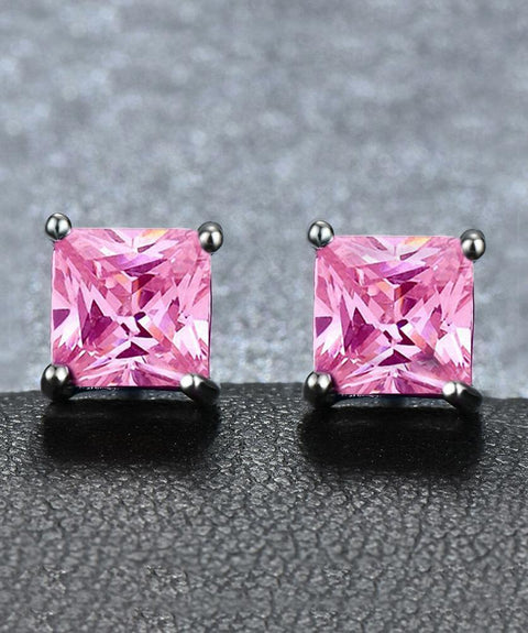 6mm Princess Stud Earring With Austrian Crystals -Pink in 18K White Gold Plated ITALY Design
