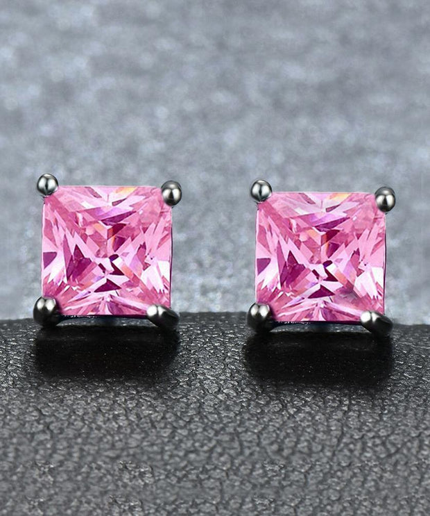 6mm Princess Stud Earring With Austrian Crystals -Pink in 18K White Gold Plated ITALY Design
