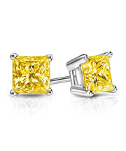 6mm Princess Stud Earring With Austrian Crystals -Yellow in 18K White Gold Plated ITALY Design