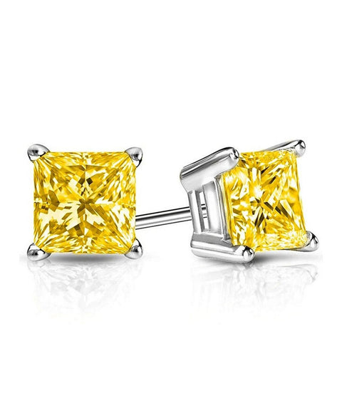 6mm Princess Stud Earring With Austrian Crystals -Yellow in 18K White Gold Plated ITALY Design