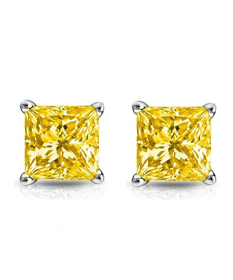6mm Princess Stud Earring With Austrian Crystals -Yellow in 18K White Gold Plated ITALY Design