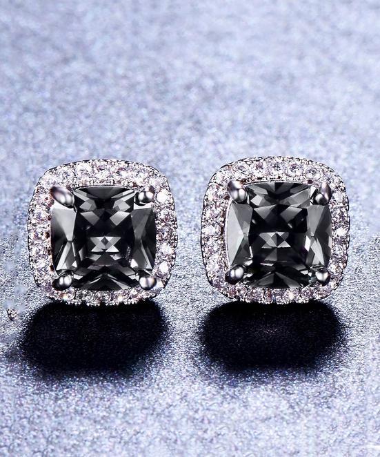 Princess Halo Cut Stud Earring With Austrian Crystals - Black in 18K White Gold Plated ITALY Design