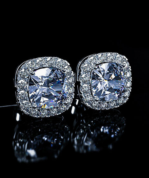 Princess Halo Cut Stud Earring With Austrian Crystals - Clear in 18K White Gold Plated ITALY Design