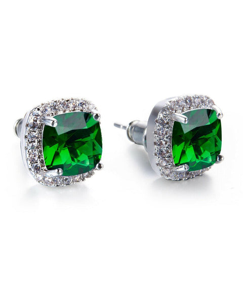 Princess Halo Cut Stud Earring With Austrian Crystals - Green in 18K White Gold Plated ITALY Design