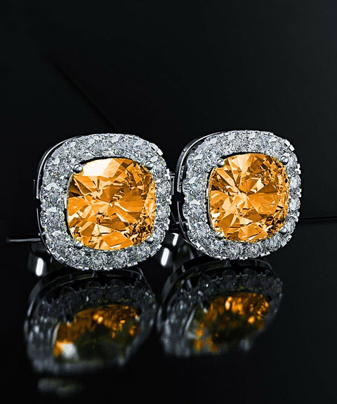 Princess Halo Cut Stud Earring With Austrian Crystals - Orange in 18K White Gold Plated ITALY Design