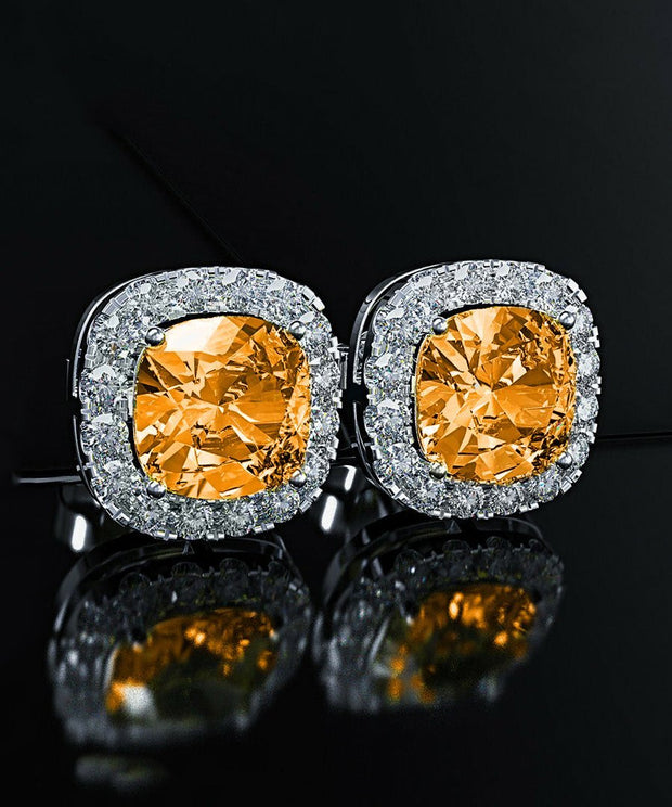Princess Halo Cut Stud Earring With Austrian Crystals - Orange in 18K White Gold Plated ITALY Design