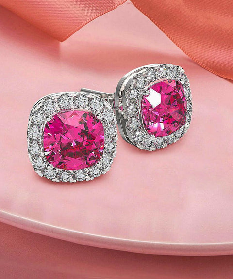 Princess Halo Cut Stud Earring With Austrian Crystals - Pink in 18K White Gold Plated ITALY Design