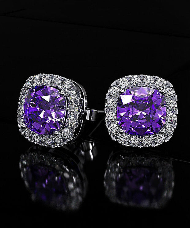 Princess Halo Cut Stud Earring With Austrian Crystals - Purple in 18K White Gold Plated ITALY Design