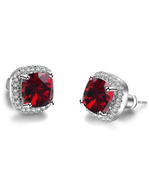 Princess Halo Cut Stud Earring With Austrian Crystals - Red in 18K White Gold Plated ITALY Design