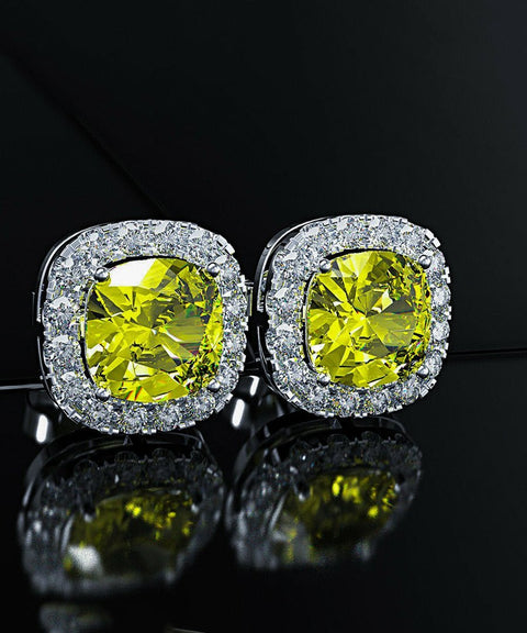 Princess Halo Cut Stud Earring With Austrian Crystals - Yellow in 18K White Gold Plated ITALY Design