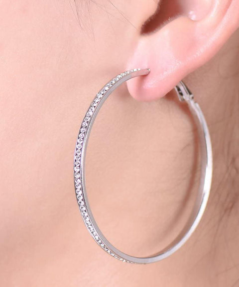 2" Pave Hoop Earring With  Crystals in 18K White Gold Plated ITALY Design