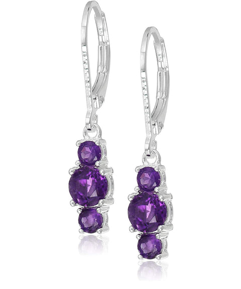 Three Stone Leverback Dangle With Austrian Crystals - Amethyst in 18K White Gold Plated ITALY Design