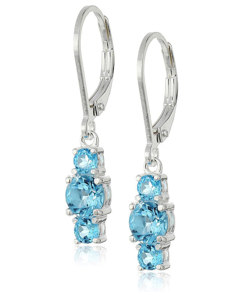 Three Stone Leverback Dangle With Austrian Crystals - Blue Topaz in 18K White Gold Plated ITALY Design