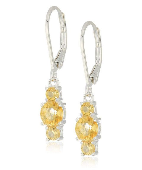 Three Stone Leverback Dangle With Austrian Crystals - Citrine in 18K White Gold Plated ITALY Design