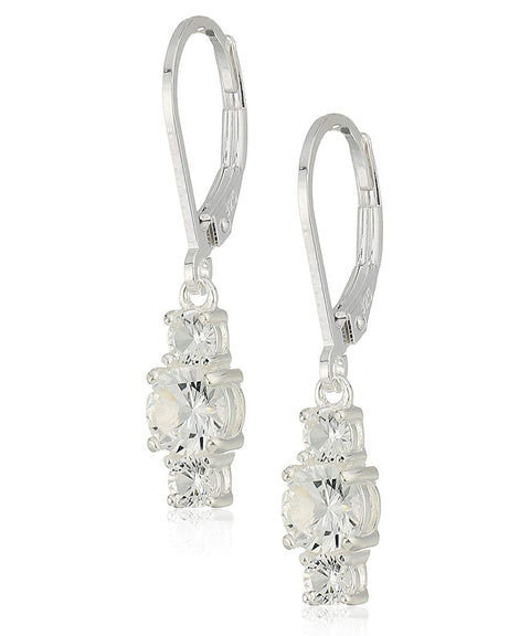 Three Stone Leverback Dangle With Austrian Crystals - Clear in 18K White Gold Plated ITALY Design