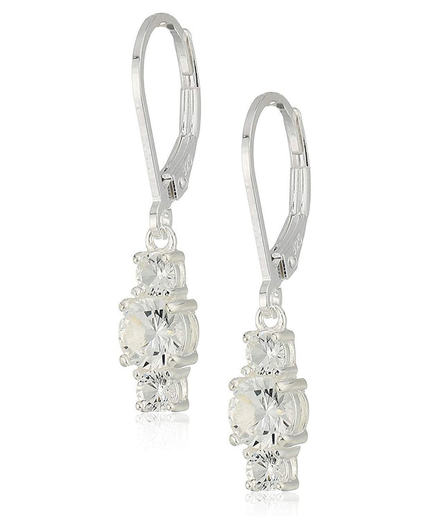 Three Stone Leverback Dangle With Austrian Crystals - Clear in 18K White Gold Plated ITALY Design