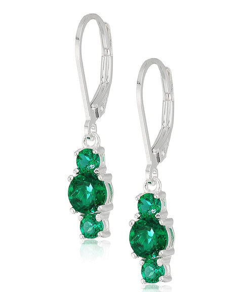 Three Stone Leverback Dangle With Austrian Crystals - Emerald in 18K White Gold Plated ITALY Design