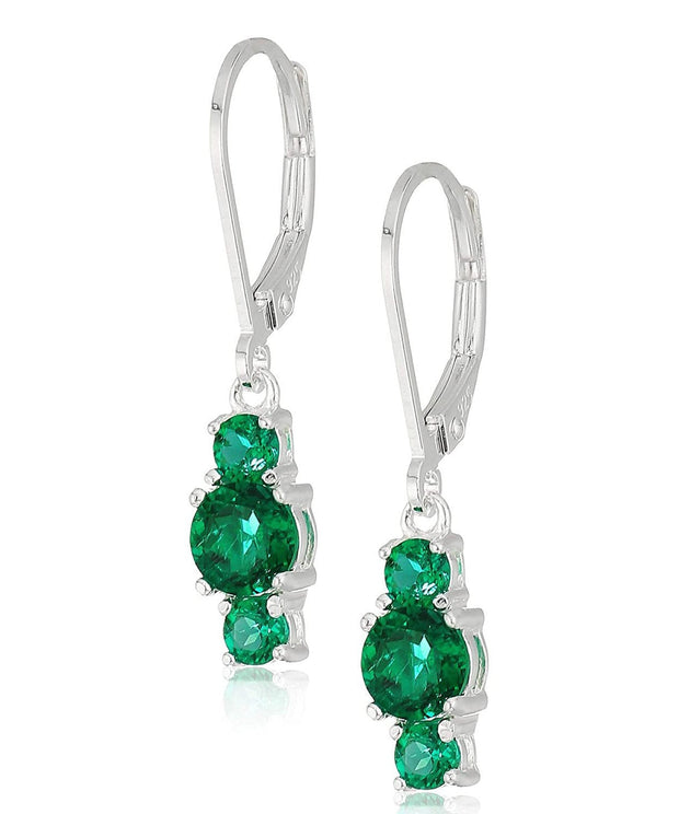 Three Stone Leverback Dangle With Austrian Crystals - Emerald in 18K White Gold Plated ITALY Design