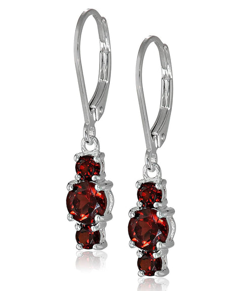 Three Stone Leverback Dangle With Austrian Crystals - Garnet in 18K White Gold Plated ITALY Design
