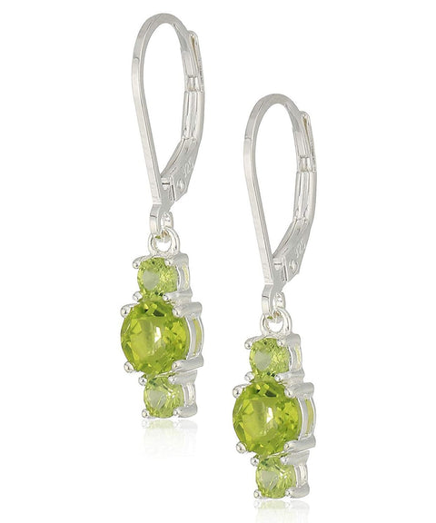 Three Stone Leverback Dangle With Austrian Crystals - Peridot in 18K White Gold Plated ITALY Design