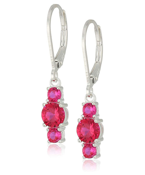 Three Stone Leverback Dangle With Austrian Crystals - Ruby in 18K White Gold Plated ITALY Design