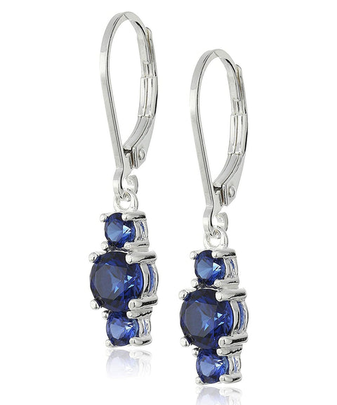 Three Stone Leverback Dangle With Austrian Crystals - Sapphire in 18K White Gold Plated ITALY Design