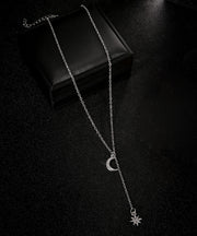 White Crystal Pav'e Star & Moon Lariat Necklace in 14K White Gold Plating